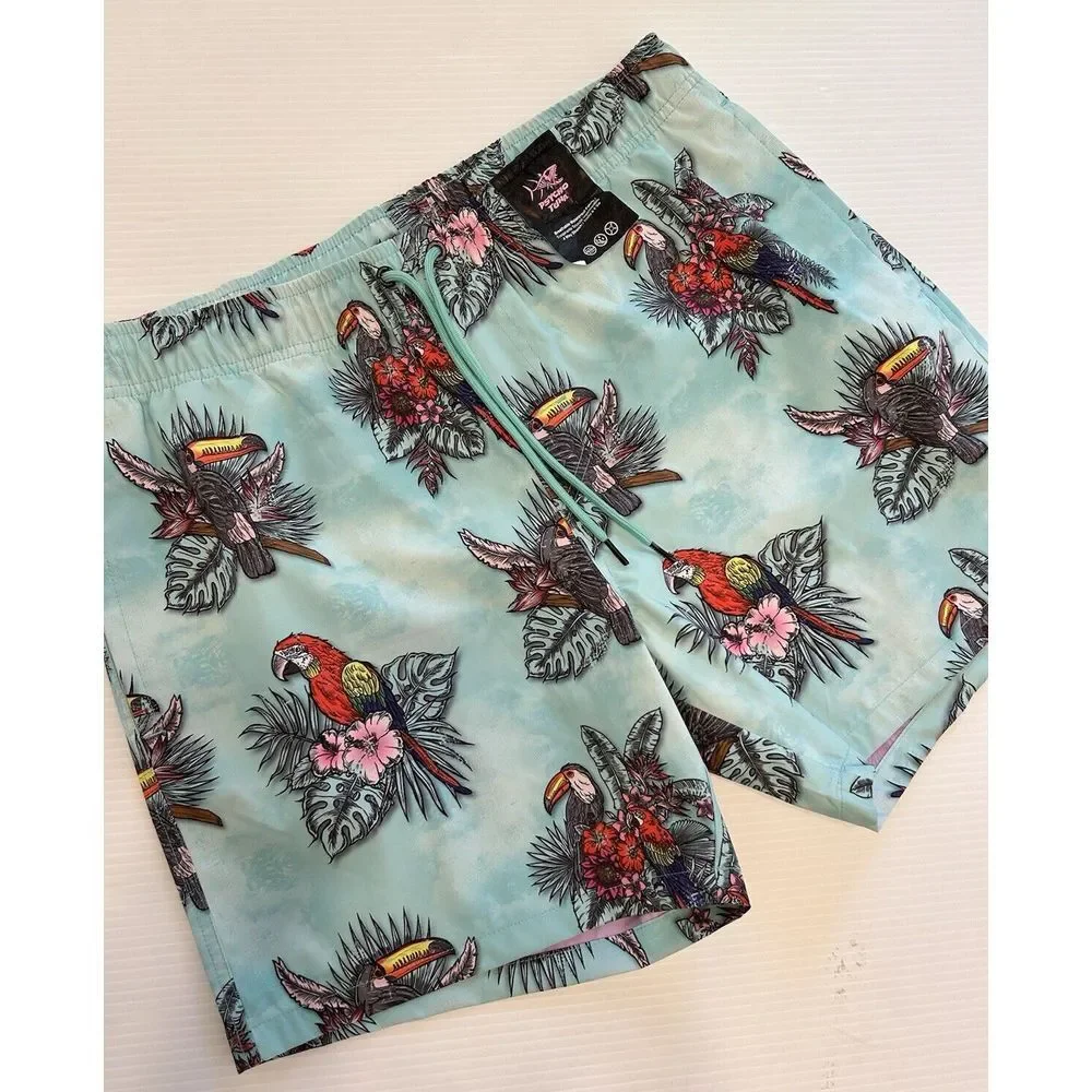 NWT Psycho Tuna Mens Large Tropical Bird Parrot Swim Trunks Board‎ Shorts